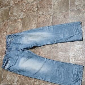 GUC AKOO Brand Zippers Embellished Wide Leg Distressed Blue Jeans Size 38